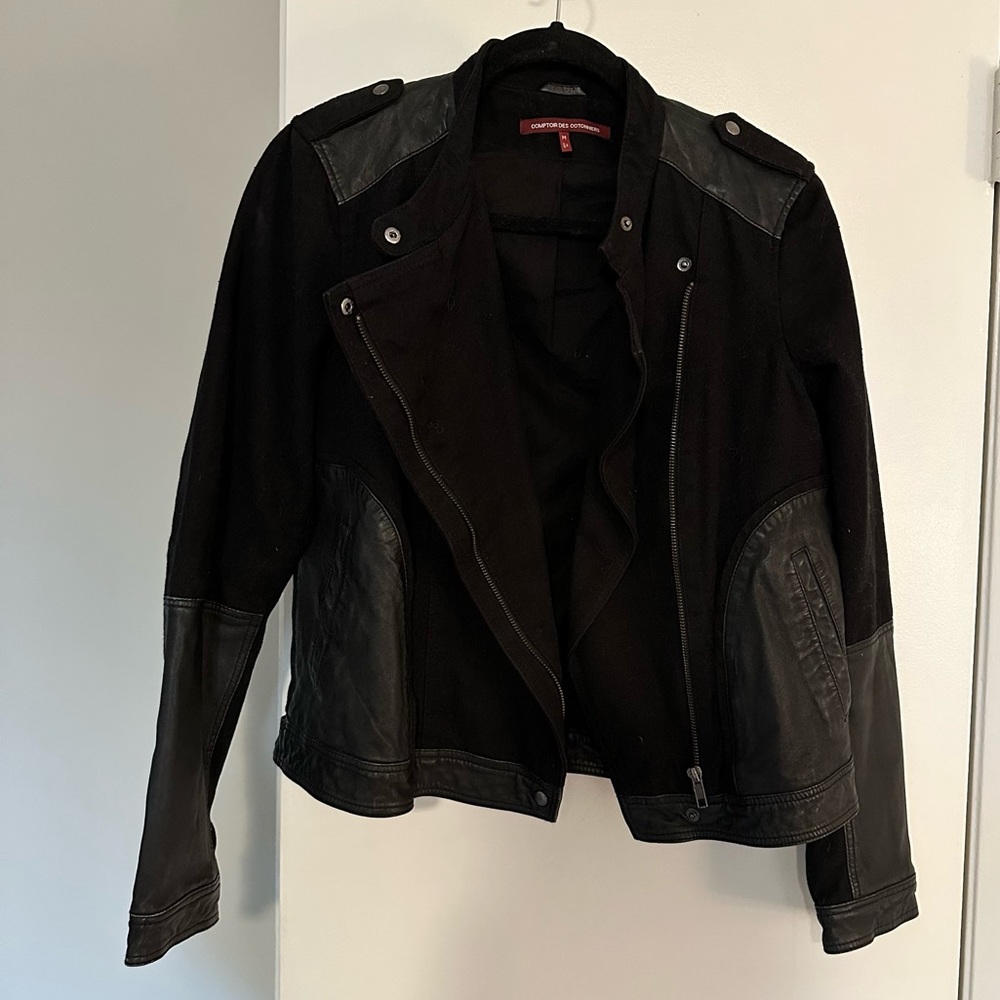 Comptoir des Cotonniers Black Biker Jacket - Size Medium - Cotton Leather
